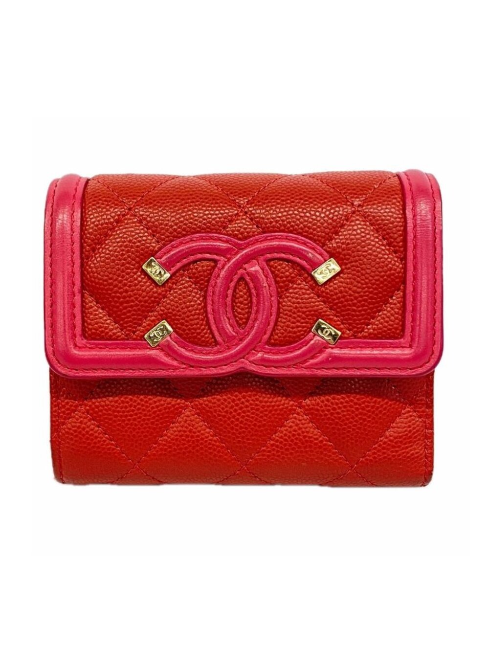 Chanel Trifold Wallet CC Filigree Caviar Leather Red Gold